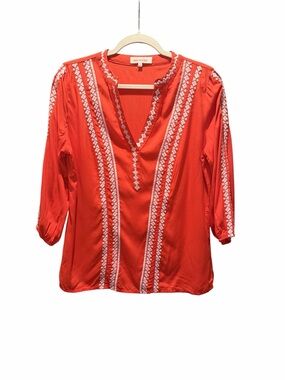 Anthropologie Solitaire Boho Coral Orange  Embroidered V-Neck Tunic Med
